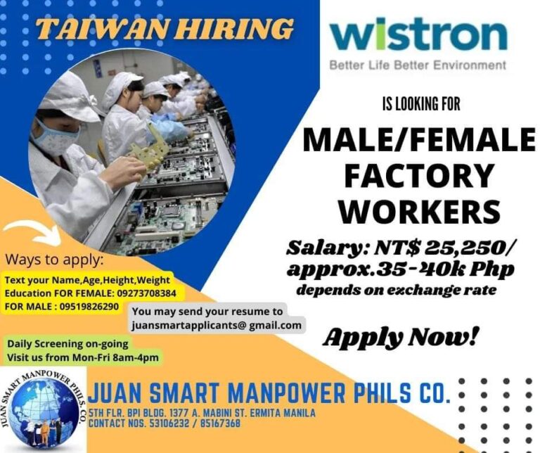 Wistron Corp Is Now Hiring Factory Workers Under Juan Smart Agency