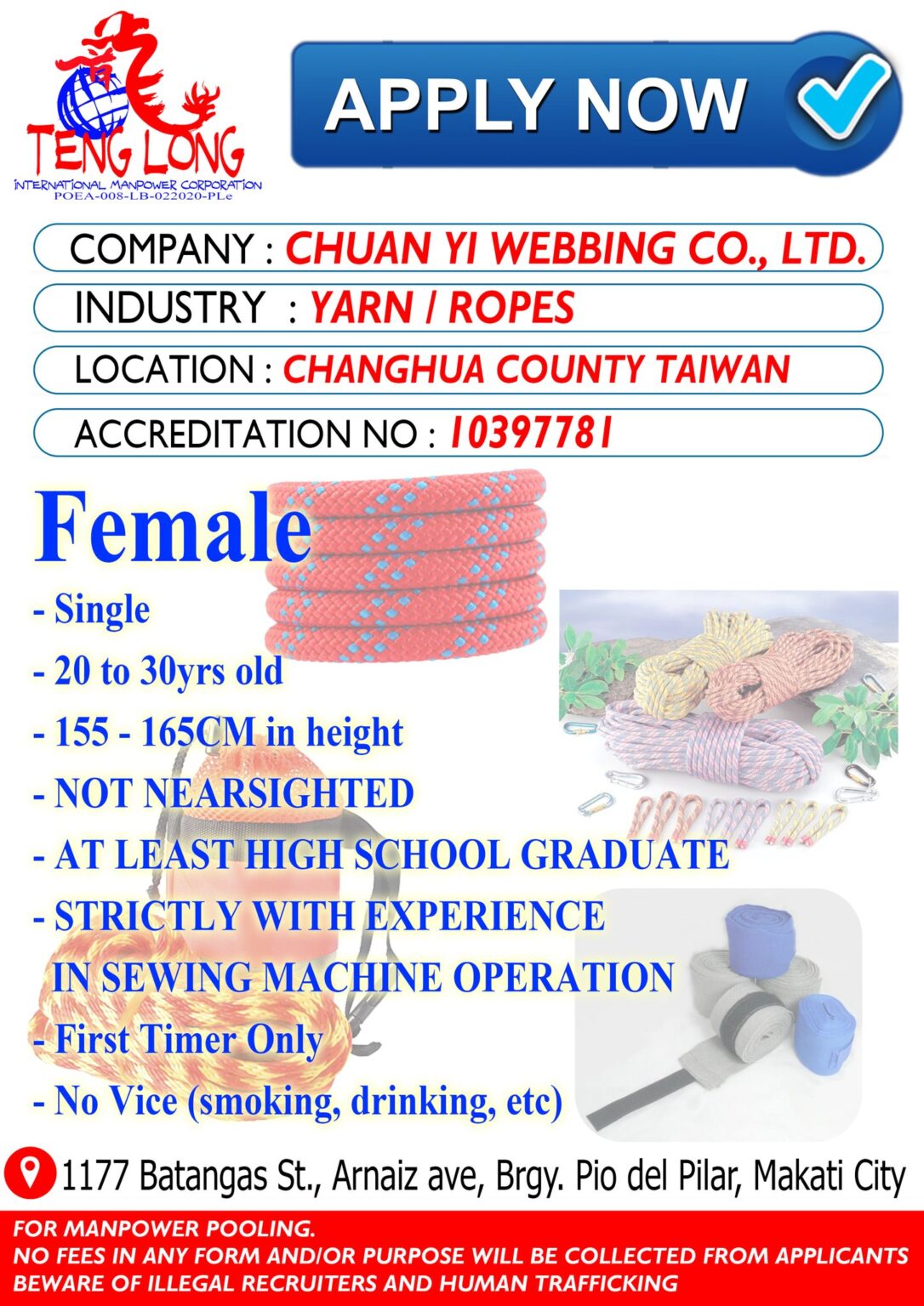 Taiwan Hiring Factory Workers For C Y Webbing Co Ltd Pinoy