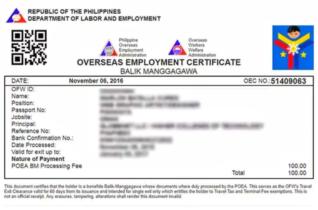 A sample Overseas Employment Certificate issued by the Philippine Overseas Employment Administration as proof that the holder is qualified and permitted to work overseas.