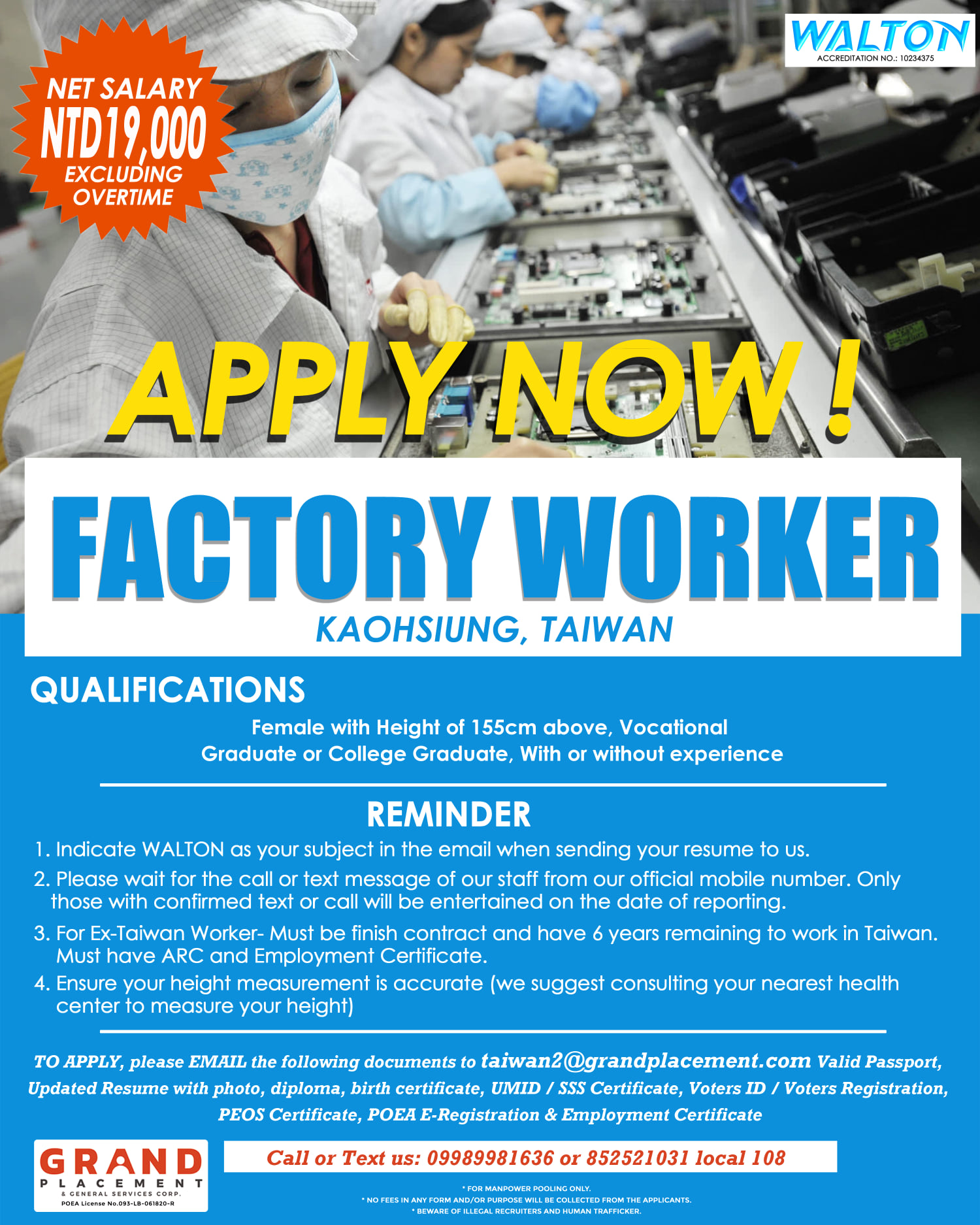 Taiwan Hiring Factory Workers for Walton Advanced Engineering Inc