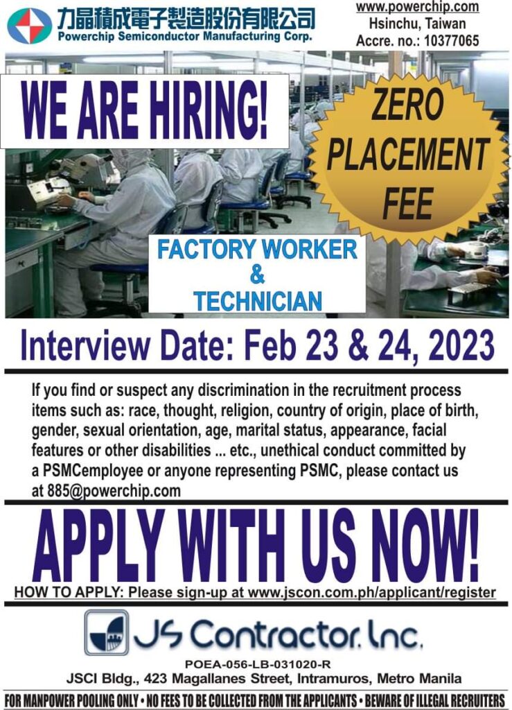 JS Contractor Inc. is now Hiring Production Operator for Powerchip ...