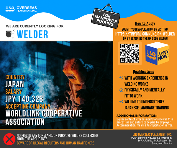 UNO Overseas Placement Inc. is now Hiring Welder for Worldlink