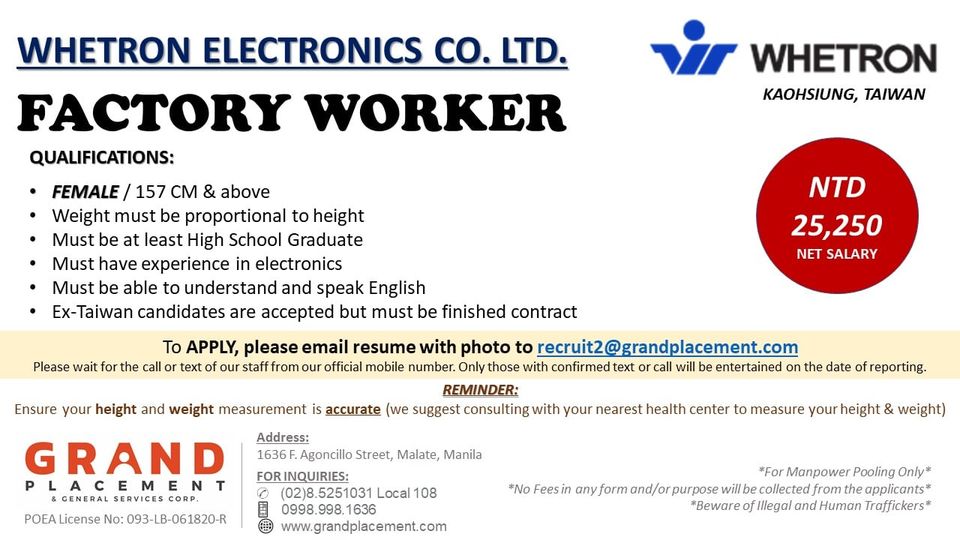 Grand Placement is now Hiring Factory Workers for Whetron Electronics ...