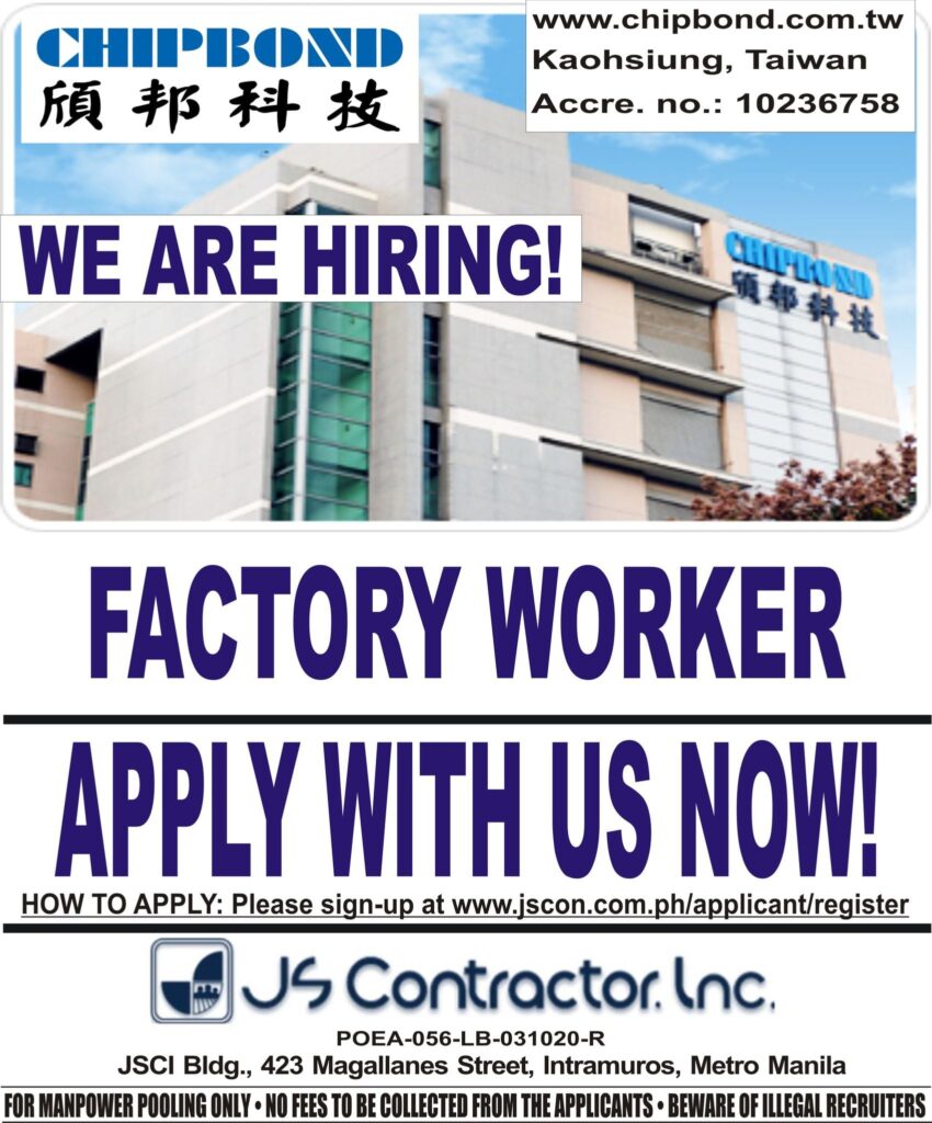 Chipbond Technology Corp. is now Hiring Factory Workers under JS ...