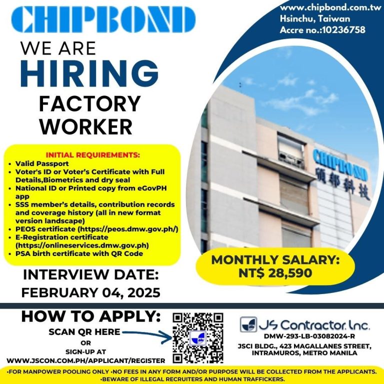 Chipbond Technology Corp. is now Hiring Factory Workers under JS ...