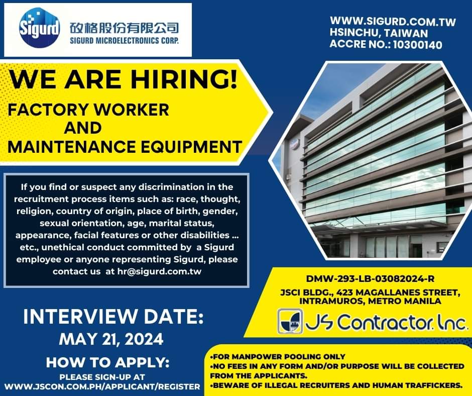 Hiring Factory Workers for Sigurd Microelectronics Corporation under JS ...