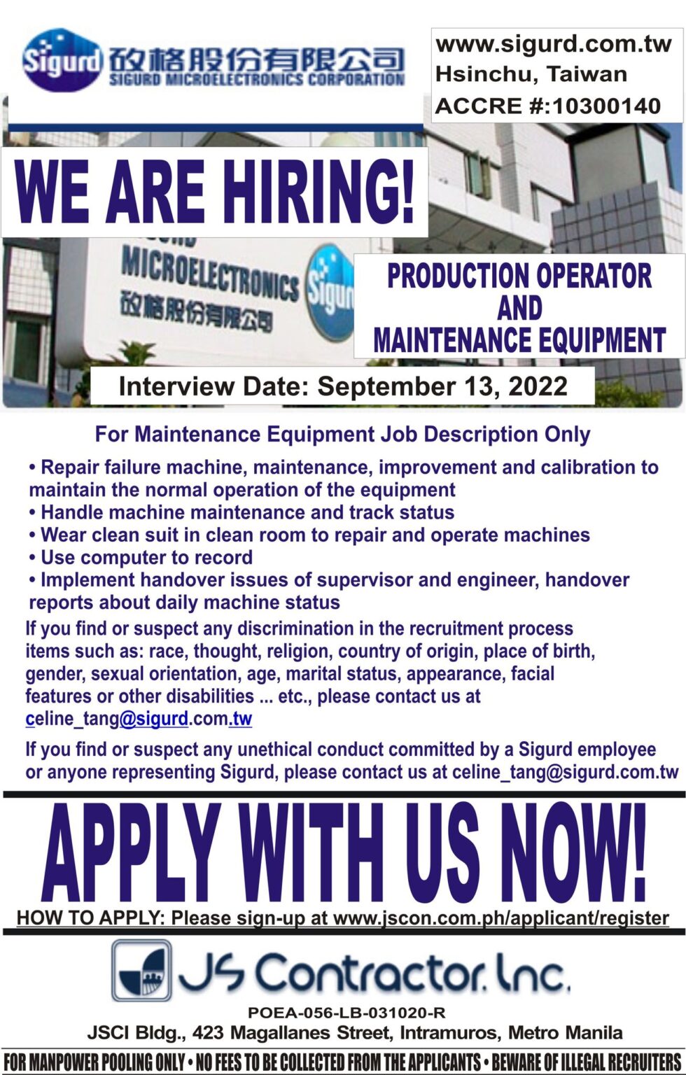 Hiring Factory Workers for Sigurd Microelectronics Corporation under JS ...