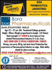 Work Abroad Opportunity: Factory Worker Jobs at Bora Pharmaceutical in ...