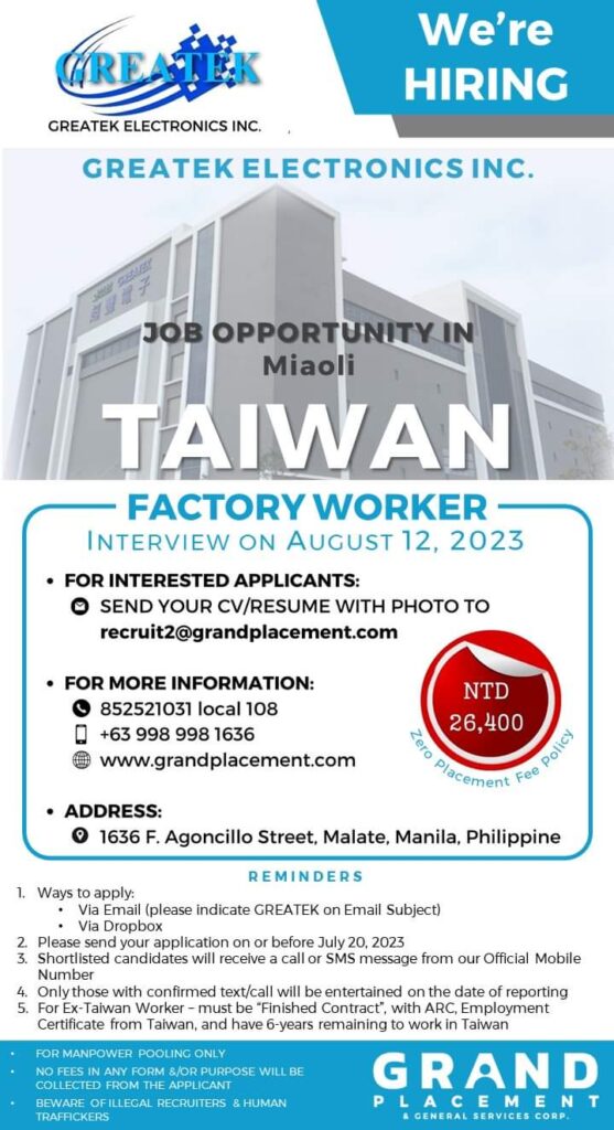 Taiwan Hiring Factory Workers for Greatek Electronics Inc