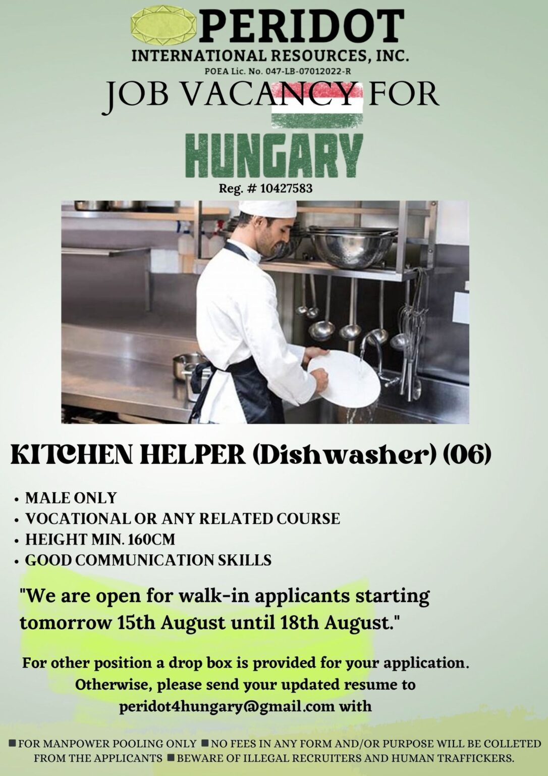 Urgent Hiring Kitchen Helper (Dishwasher) bound to Hungary