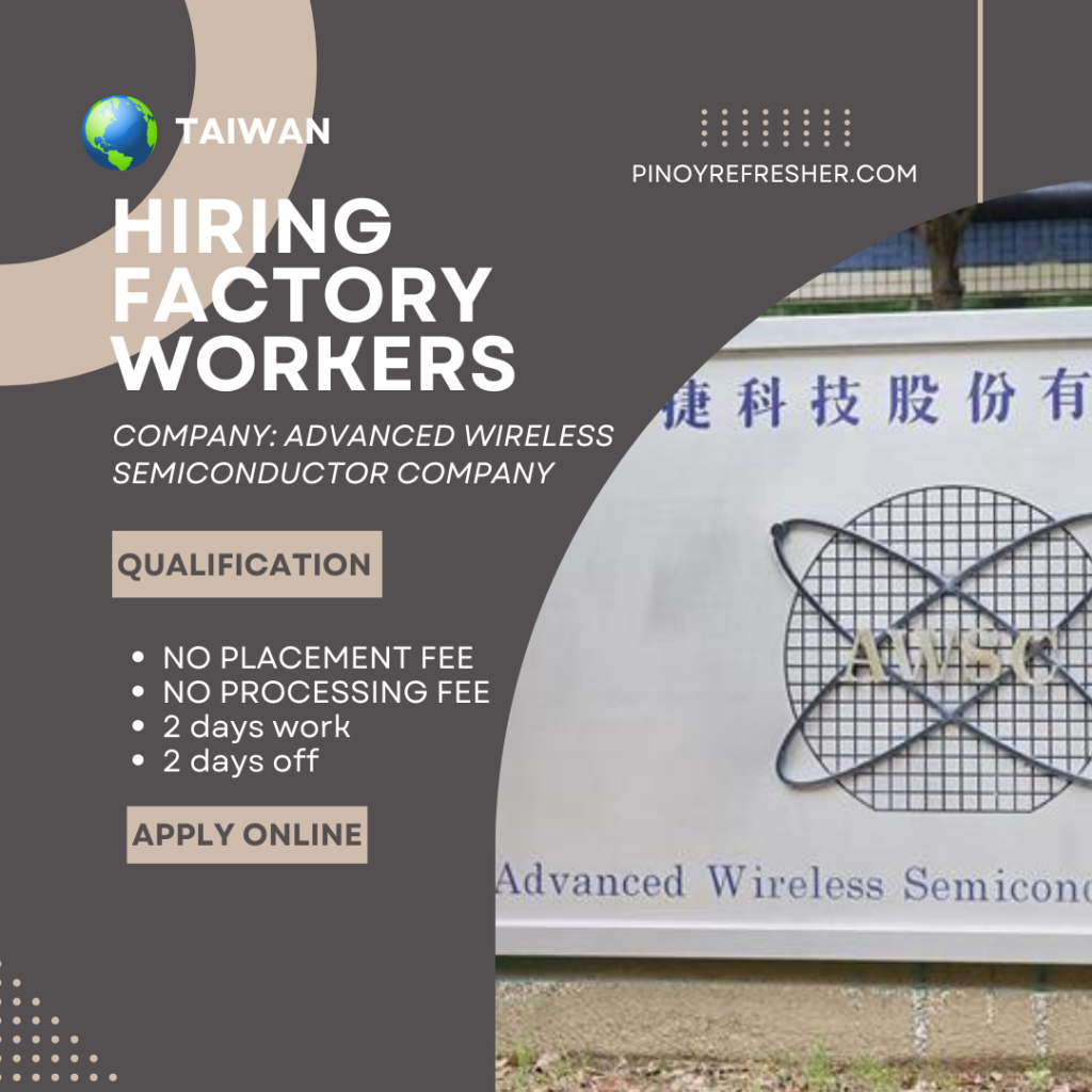 Factory Workers Hiring in Tainan, Taiwan | AWSC Offers No Fees & Easy ...