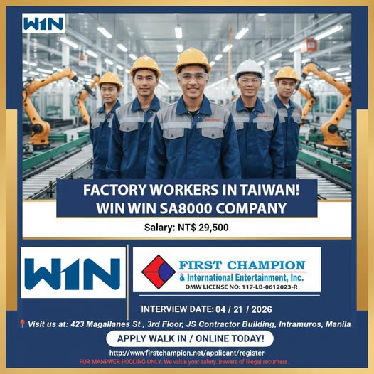 Win Compant Interview Set April 21: Factory Workers Needed for Taiwan Under WIN WIN ...