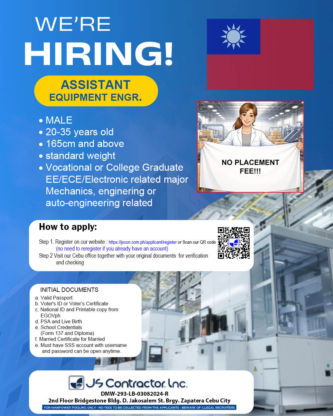JS Contractor Inc. Hiring Assistant Equipment Engineers Bound for Taiwan