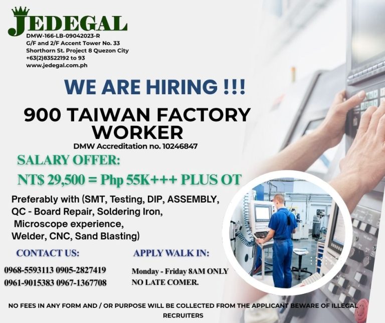 Jedegal Opens 900 Factory Worker Slots for Taiwan Electronics Industry
